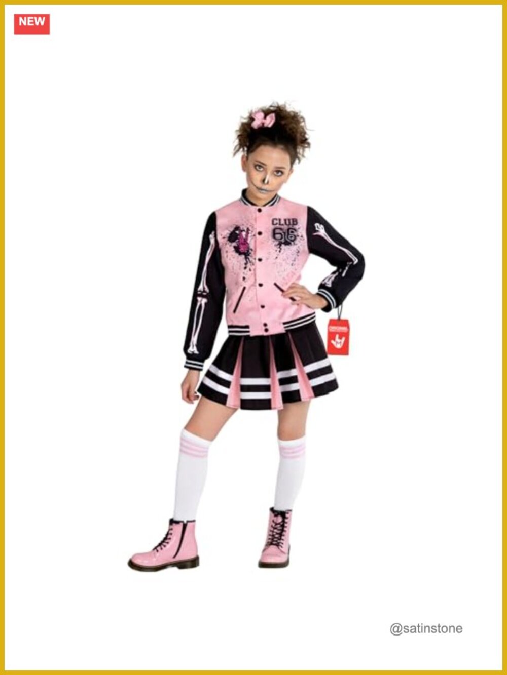 Girls Zombie Cheerleader Costume Pink Varsity Jacket Pleated Skirt Halloween